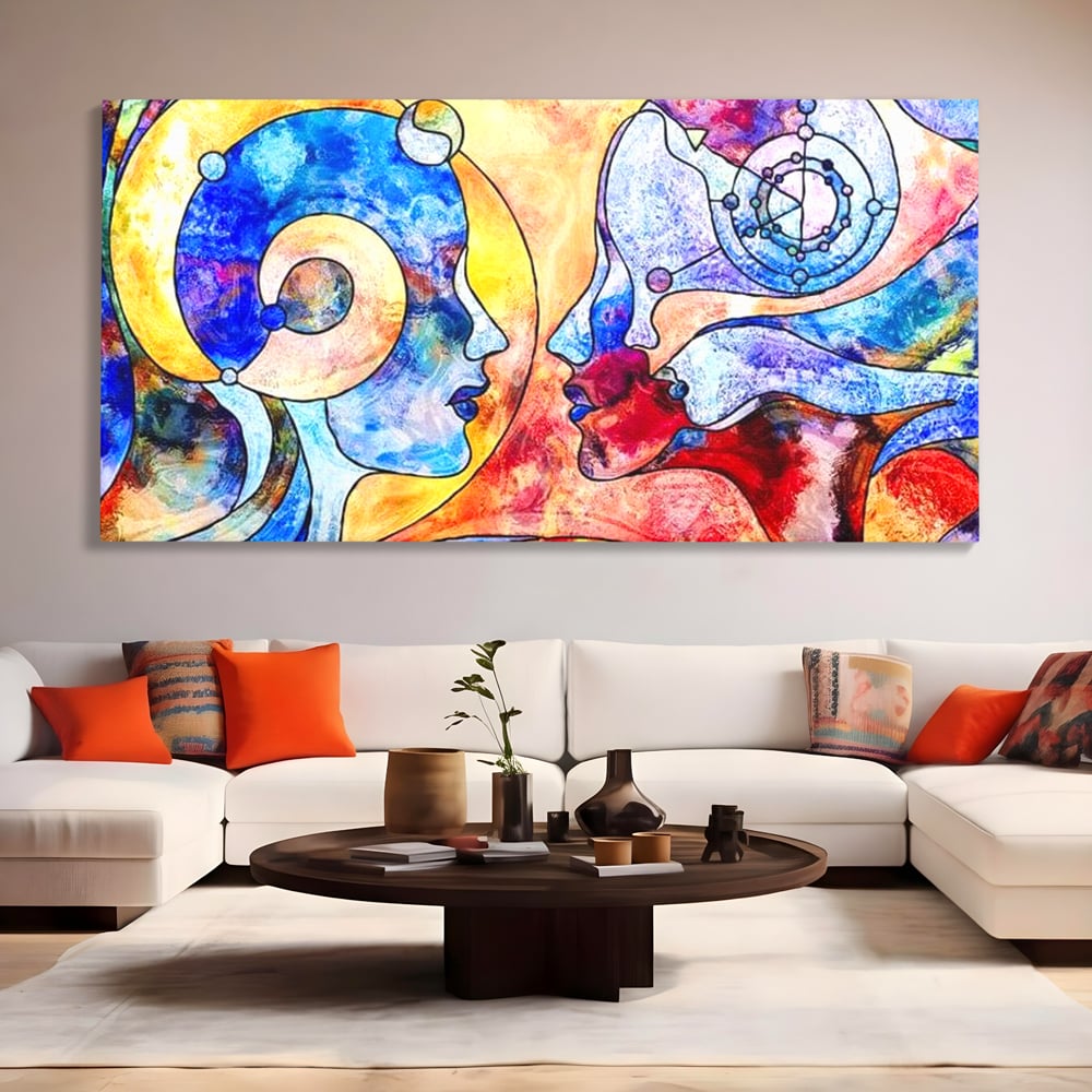 Tablou canvas cu tablou canvas cu doua chipuri profil, fara rama, pe sasiu de lemn, pe perete intr-un living